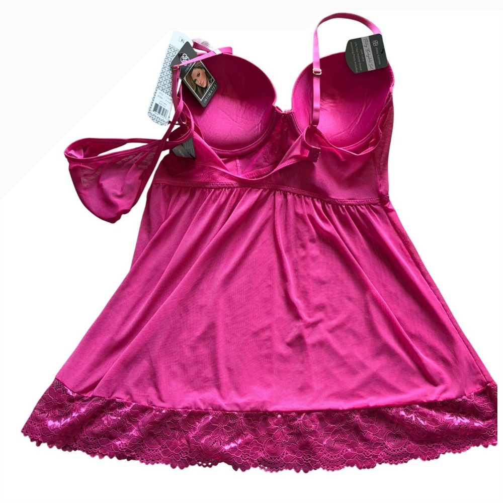 Daisy Fuentes Babydoll Set Womens XL Hot Pink Lace Underwire Mesh Lingerie NEW - Picture 2 of 4